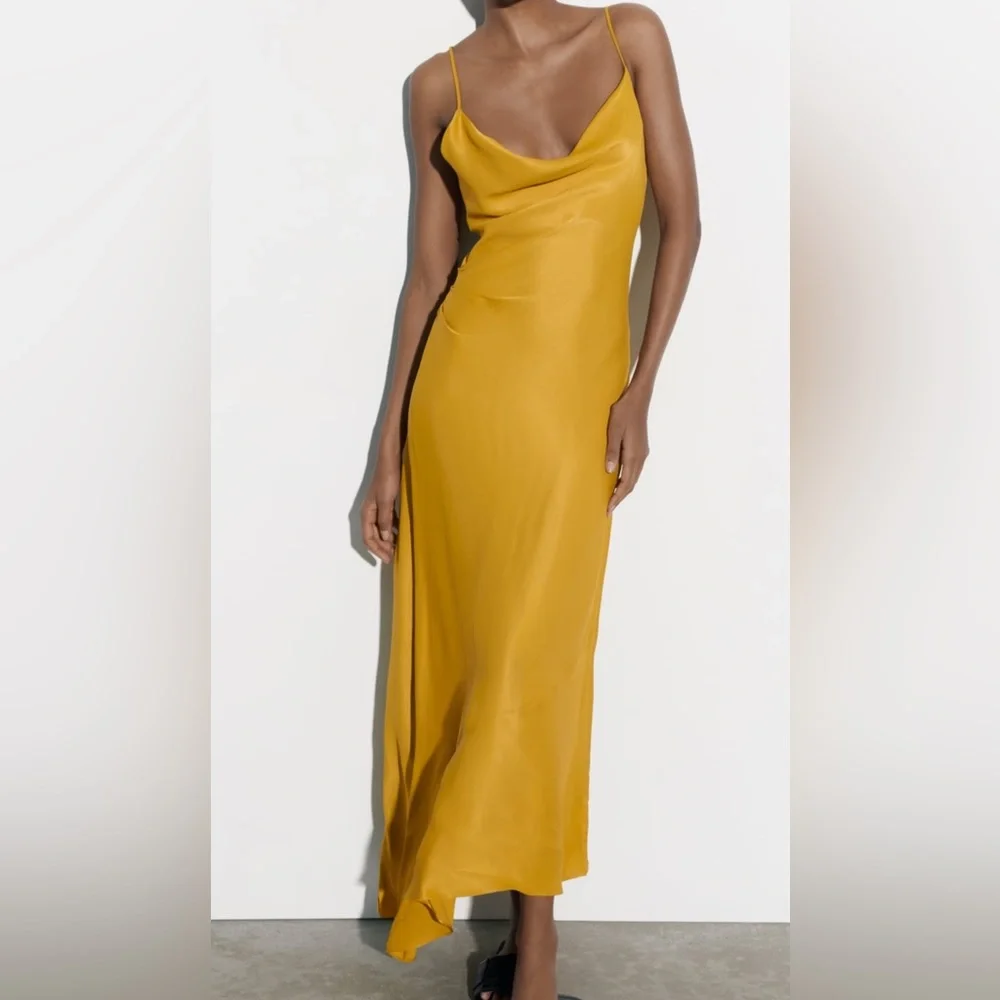 slim fit dress slacks Zara Mustard Yellow Linen Halter Midi Dress main image 0